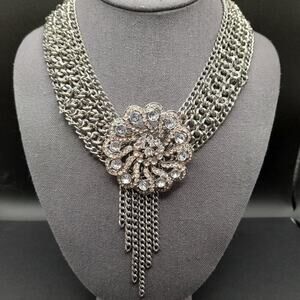 Formal Rhinestone Floral Pendant Necklace, Layered Silver Tone Chain, 16 Inches